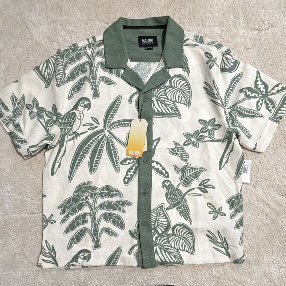 Malibu Mens XL Green White Tropical Textured Short Sleeve Button-Up D2985X7631S2